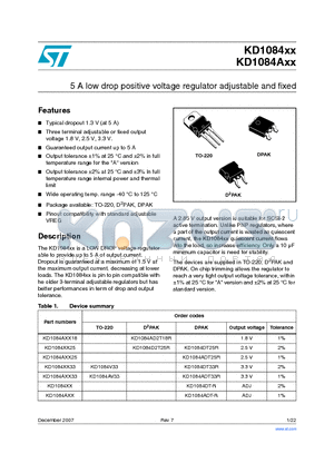 KD1084AXX18 datasheet - 5 A low drop positive voltage regulator adjustable and fixed