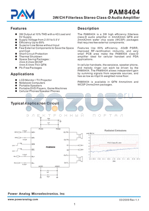 PAM8404 datasheet - 3W/CH Filterless Stereo Class-D Audio Amplifier