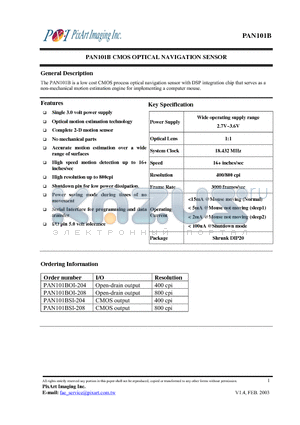 PAN101B datasheet - CMOS OPTICAL NAVIGATION SENSOR