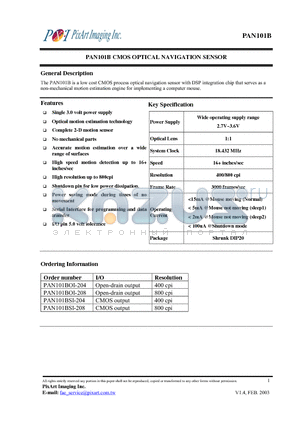 PAN101BOI-204 datasheet - CMOS OPTICAL NAVIGATION SENSOR