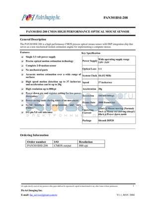 PAN301BSI-208 datasheet - CMOS HIGH PERFORMANCE OPTICAL MOUSE SENSOR