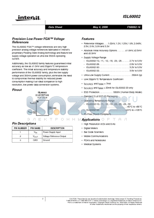 ISL60002BIH320Z-TK datasheet - Precision, Low Noise FGA Voltage References