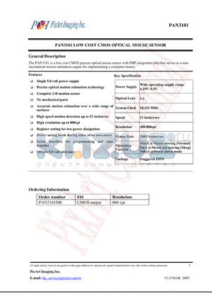 PAN3101 datasheet - LOW COST CMOS OPTICAL MOUSE SENSOR