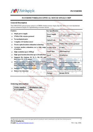 PAN3203DI datasheet - WIRELESS OPTICAL MOUSE SINGLE CHIP