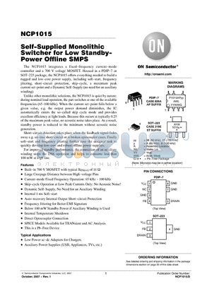 NCP1015 datasheet - Self-Supplied Monolithic Switcher for Low Standby- Power Offline SMPS