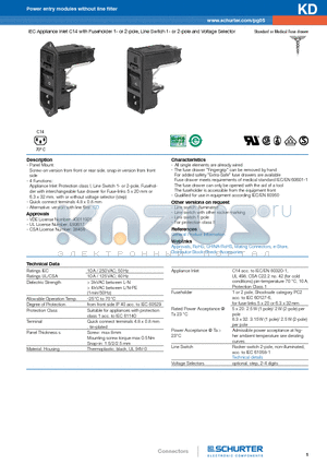 KD13.1101.109 datasheet - IEC Appliance Inlet C14 with Fuseholder 1- or 2-pole, Line Switch 1- or 2-pole and Voltage Selector