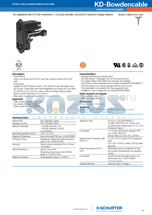 KD14.4199.105 datasheet - IEC Appliance Inlet C14 with Fuseholder 1- or 2-pole, Bowden-Line Switch 2-pole and Voltage Selector