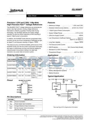 ISL60007BIB825 datasheet - Precision 1.25V and 2.50V, 1.08u-Watt, High Precision FGA  Voltage References