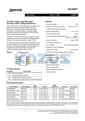 ISL60007BIB825Z datasheet - Precision 2.50V, 1.08U-Watt, High Precision FGA  Voltage References