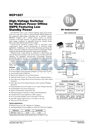 NCP1027P065G datasheet - High−Voltage Switcher for Medium Power Offline SMPS Featuring Low Standby Power