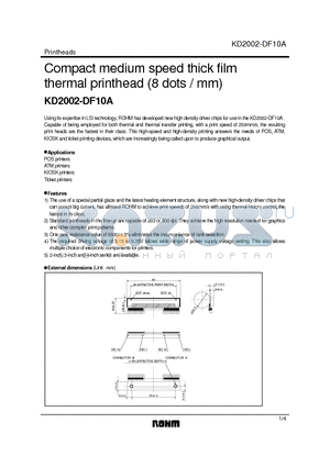 KD2002-DF10A datasheet - Compact medium speed thick film thermal printhead (8 dots / mm)