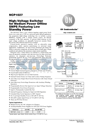 NCP1027P100G datasheet - High−Voltage Switcher for Medium Power Offline SMPS Featuring Low Standby Power
