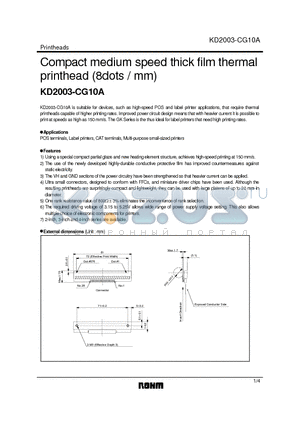 KD2003-CG10A datasheet - Compact medium speed thick film thermal printhead (8dots / mm)