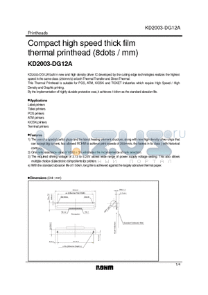 KD2003-DG12A datasheet - Compact high speed thick film thermal printhead (8dots / mm)