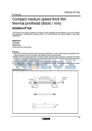KD2004-CF10A datasheet - Compact medium speed thick film thermal printhead (8dots / mm)