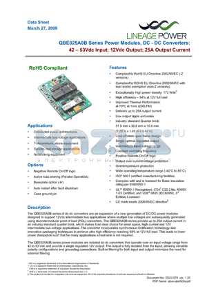 QBE025A0B1Z datasheet - 42 - 53Vdc input; 12Vdc Output; 25A output current
