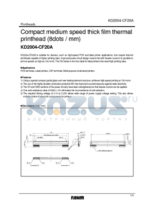KD2004-CF20A datasheet - Compact medium speed thick film thermal printhead (8dots / mm)