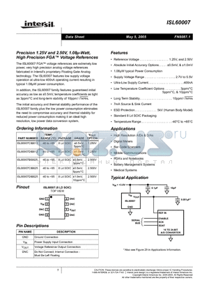 ISL60007 datasheet - Precision 1.25V and 2.50V, 1.08u-Watt, High Precision FGA  Voltage References