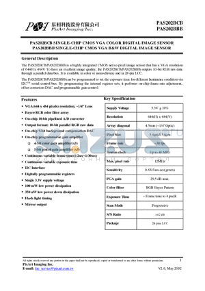 PAS202BBB datasheet - PAS202BCB SINGLE-CHIP CMOS VGA COLOR DIGITAL IMAGE SENSOR PAS202BBB SINGLE-CHIP CMOS VGA B&W DIGITAL IMAGE SENSOR