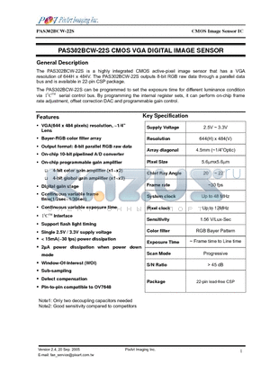 PAS302BCW-22S datasheet - CMOS VGA DIGITAL IMAGE SENSOR