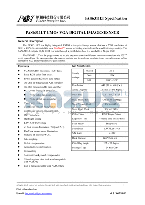 PAS6311LT datasheet - CMOS VGA DIGITAL IMAGE SESNSOR