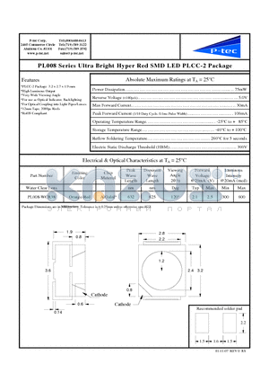 PL008-WCR38 datasheet - Ultra Bright Hyper Red SMD LED PLCC-2 Package