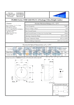 PL0084-WCA17 datasheet - SMD LED PLCC-4 Package Ultra Bright Amber