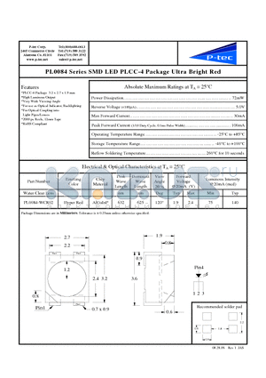 PL0084-WCR02 datasheet - SMD LED PLCC-4 Package Ultra Bright Red