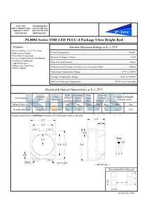 PL0084-WCR28 datasheet - SMD LED PLCC-4 Package Ultra Bright Red