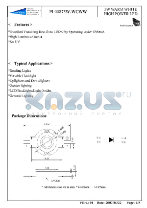 PL00875W-WCWW datasheet - 5W WARM WHITE HIGH POWER LED