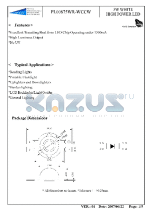 PL00875WR-WCCW datasheet - 5W WHITE HIGH POWER LED