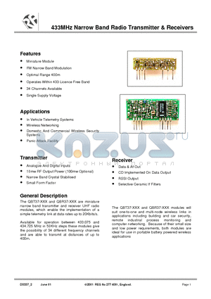 QBR37-434.525 datasheet - 433MHz Narrow Band Radio Transmitter & Receivers