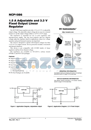 NCP1086D2T-ADJ datasheet - 1.5 A Adjustable and 3.3 V Fixed Output Linear Regulator