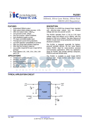 PL0301-15UZ datasheet - 300mA, Ultra-Low Noise, Ultra-Fast CMOS LDO Regulator