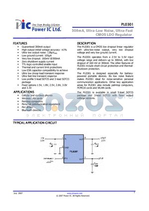 PL0301-18UZ datasheet - 300mA, Ultra-Low Noise, Ultra-Fast CMOS LDO Regulator