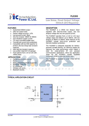 PL0300 datasheet - Low Noise, Fixed Output Voltage 300mA LDO Regulator