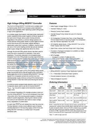 ISL6144 datasheet - High Voltage ORing MOSFET Controller
