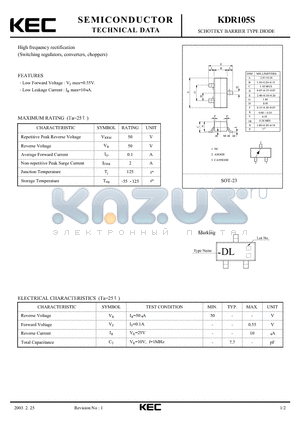 KDR105S datasheet - SCHOTTKY BARRIER TYPE DIODE(HIGH FREQUENCY RECTIFICATION)