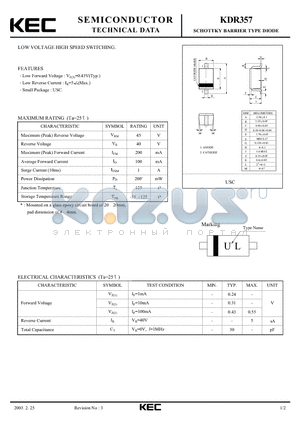 KDR357 datasheet - SCHOTTKY BARRIER TYPE DIODE(LOW VOLTAGE HIGH SPEED SWITCHING)