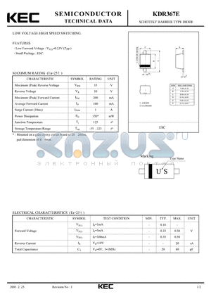 KDR367E datasheet - SCHOTTKY BARRIER TYPE DIODE(LOW VOLTAGE HIGH SPEED SWITCHING)