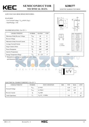 KDR377 datasheet - SCHOTTKY BARRIER TYPE DIODE(LOW VOLTAGE HIGH SPEED SWITCHING)