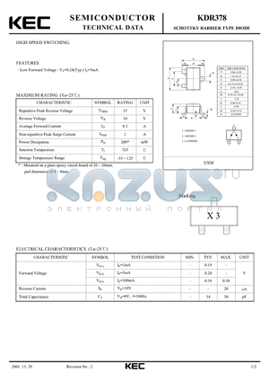 KDR378 datasheet - SCHOTTKY BARRIER TYPE DIODE(HIGH SPEED SWITCHING)