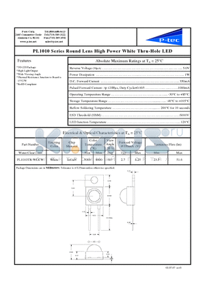 PL1010TR-WCCW datasheet - Round Lens High Power White Thru-Hole LED