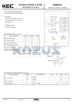 KDR411S datasheet - SCHOTTKY BARRIER TYPE DIODE(LOW POWER RECTIFICATION, FOR SWITCHING POWER SUPPLY)