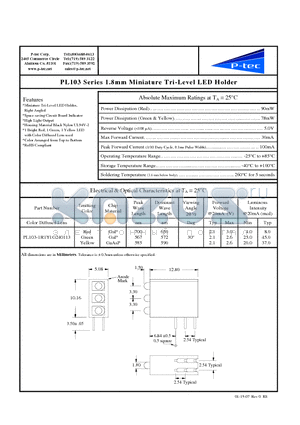 PL103-1R1Y1G240113 datasheet - 1.8mm Miniature Tri-Level LED Holder