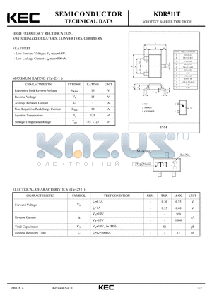 KDR511T datasheet - SCHOTTKY BARRIER TYPE DIODE(HIGH FREQUENCY RECTIFICATION, SWITCHING, REGULATORS, CONVERTERS, CHOPPERS)