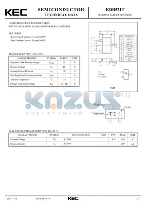 KDR521T datasheet - SCHOTTKY BARRIER TYPE DIODE(HIGH FREQUENCY RECTIFICATION, SWITCHING, REGULATORS, CONVERTERS, CHOPPERS)