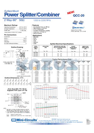 QCC-20 datasheet - Surface Mount Power Splitter/Combiner 2 Way-90` 50 1200 to 2200 MHz