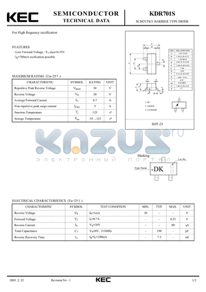 KDR701S datasheet - SCHOTTKY BARRIER TYPE DIODE(FOR HIGH FREQUENCY RECTIFICATION)
