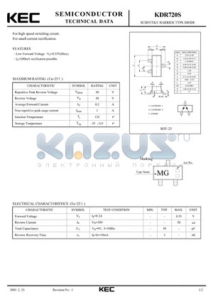 KDR720S datasheet - SCHOTTKY BARRIER TYPE DIODE(FOR HIGH SPEED SWITCHING CIRCUIT, FOR SMALL CURRENT RECTIFICATION)
